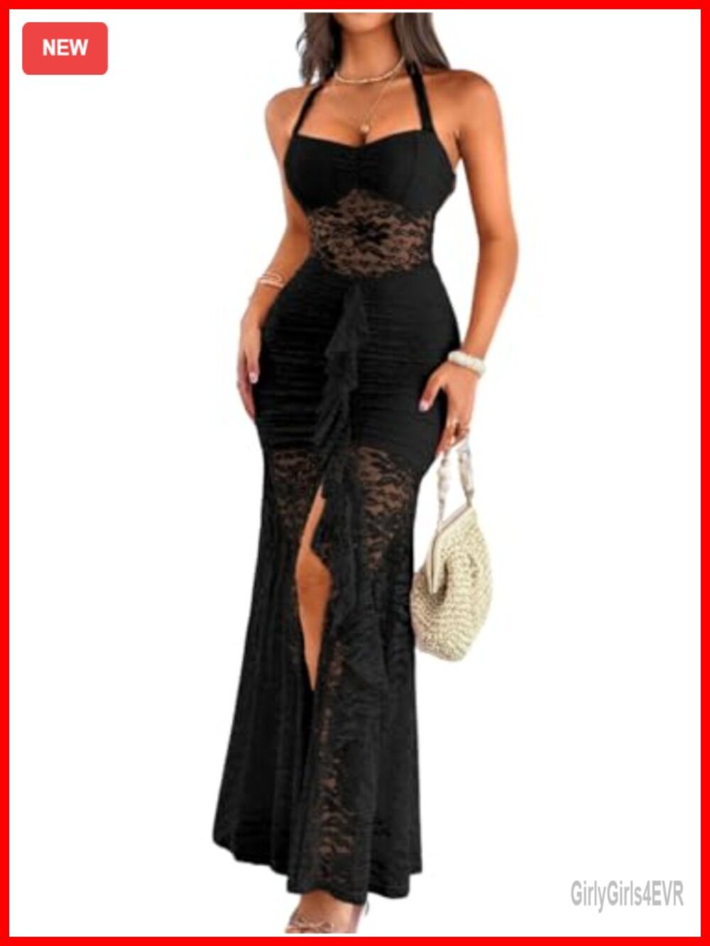 ChiaoLezhee Lace Bodycon Halter Slit Maxi Prom Wedding Dress